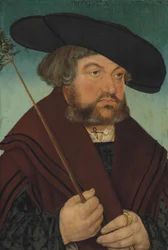 Portret van een man in zwart wambuis en bruine mantel, een tak houdend